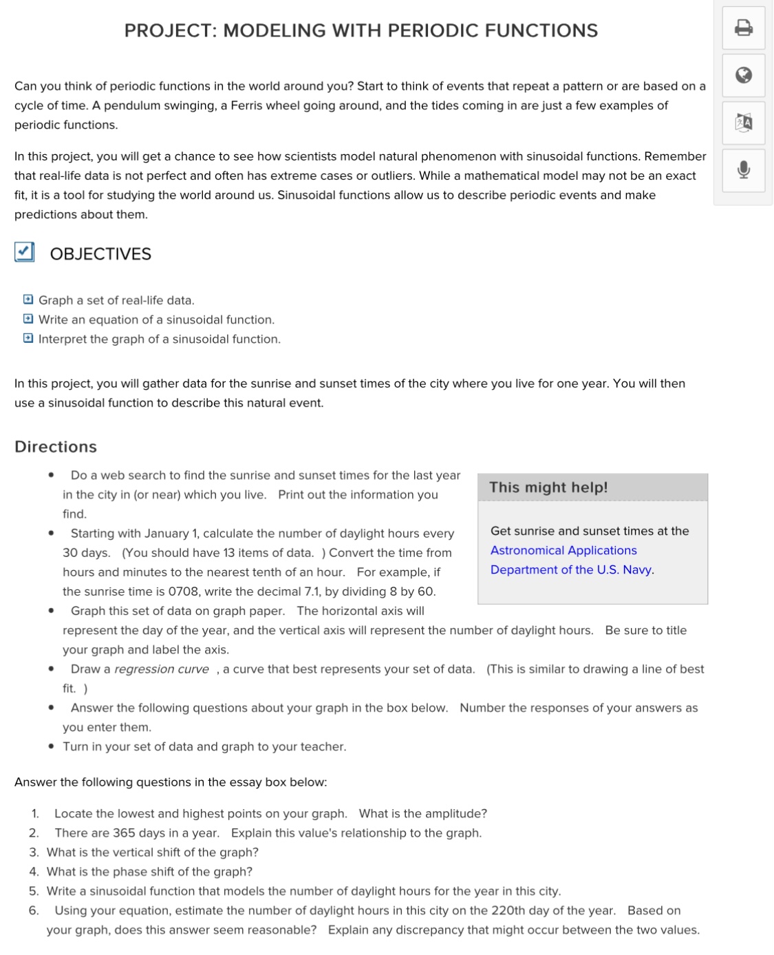 Solved PROJECT MODELING WITH PERIODIC FUNCTIONS Can you