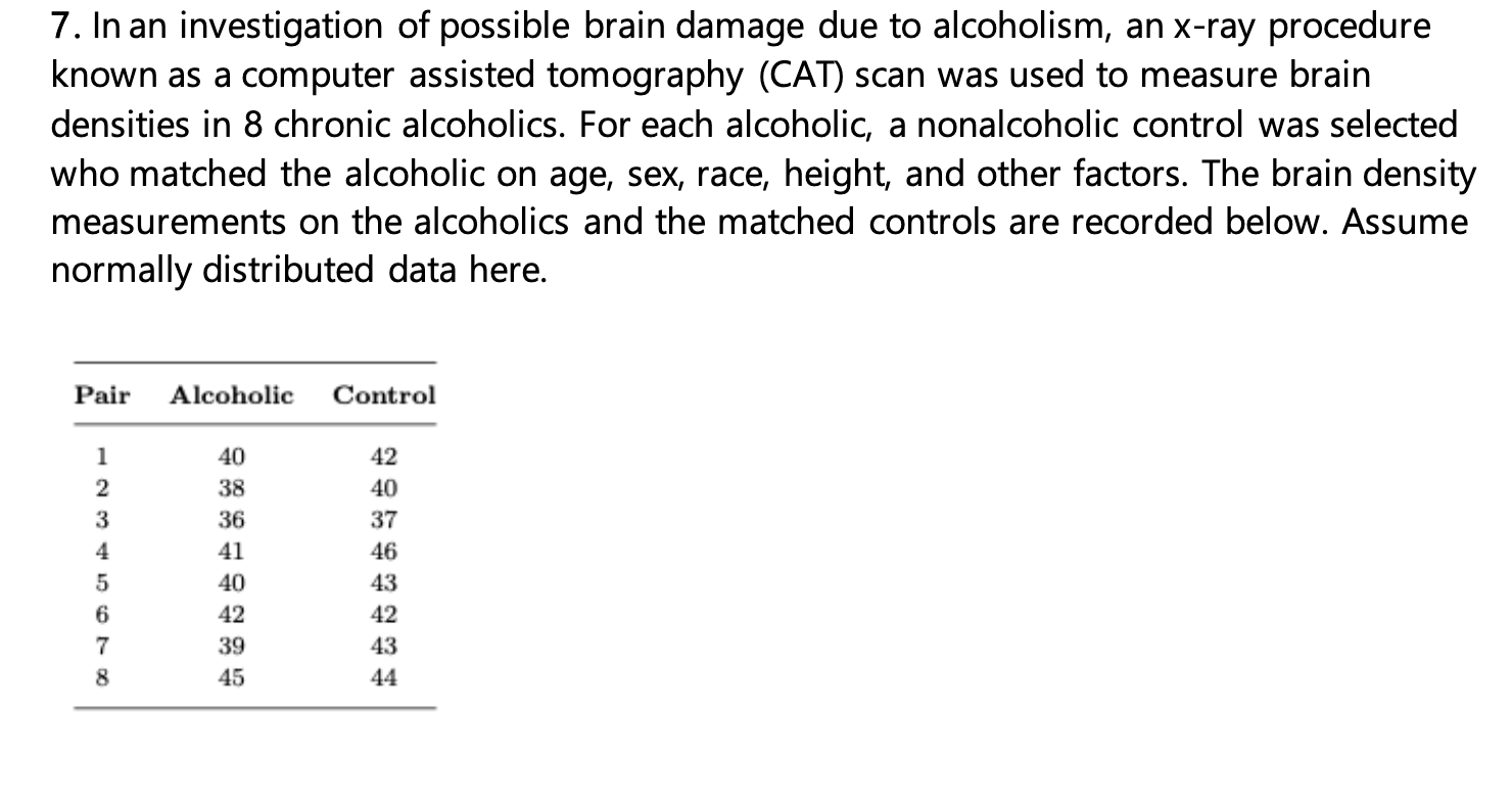 Solved 7. In an investigation of possible brain damage due | Chegg.com