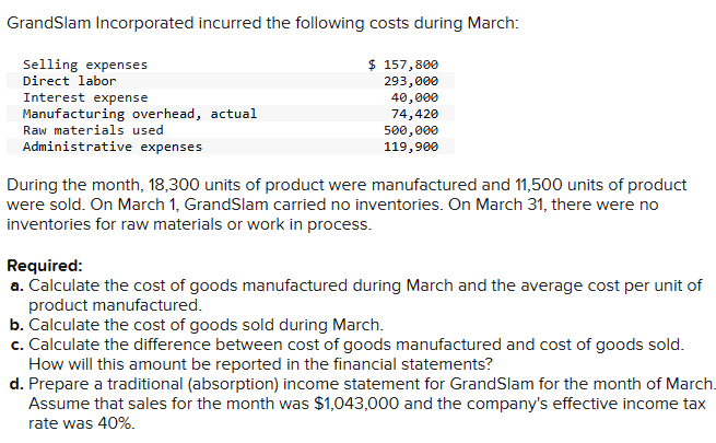 Solved GrandSlam Incorporated incurred the following costs | Chegg.com