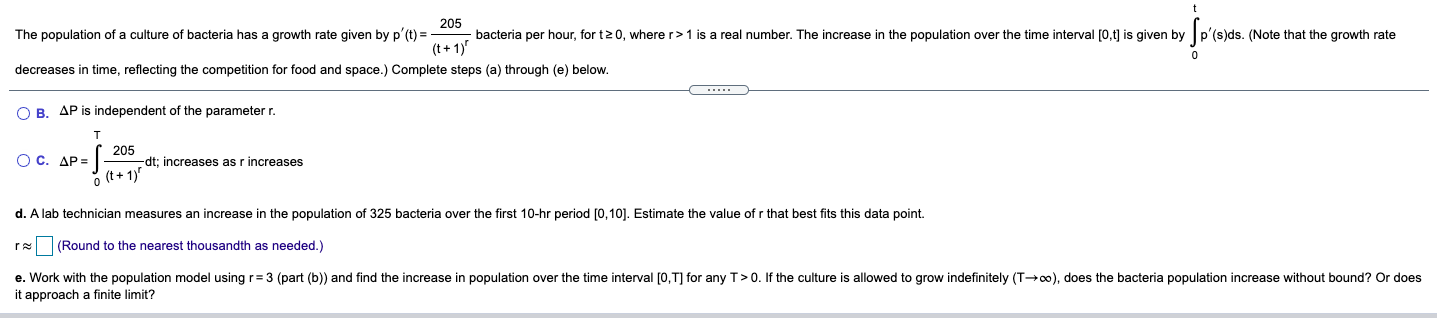 Solved 205 The population of a culture of bacteria has | Chegg.com