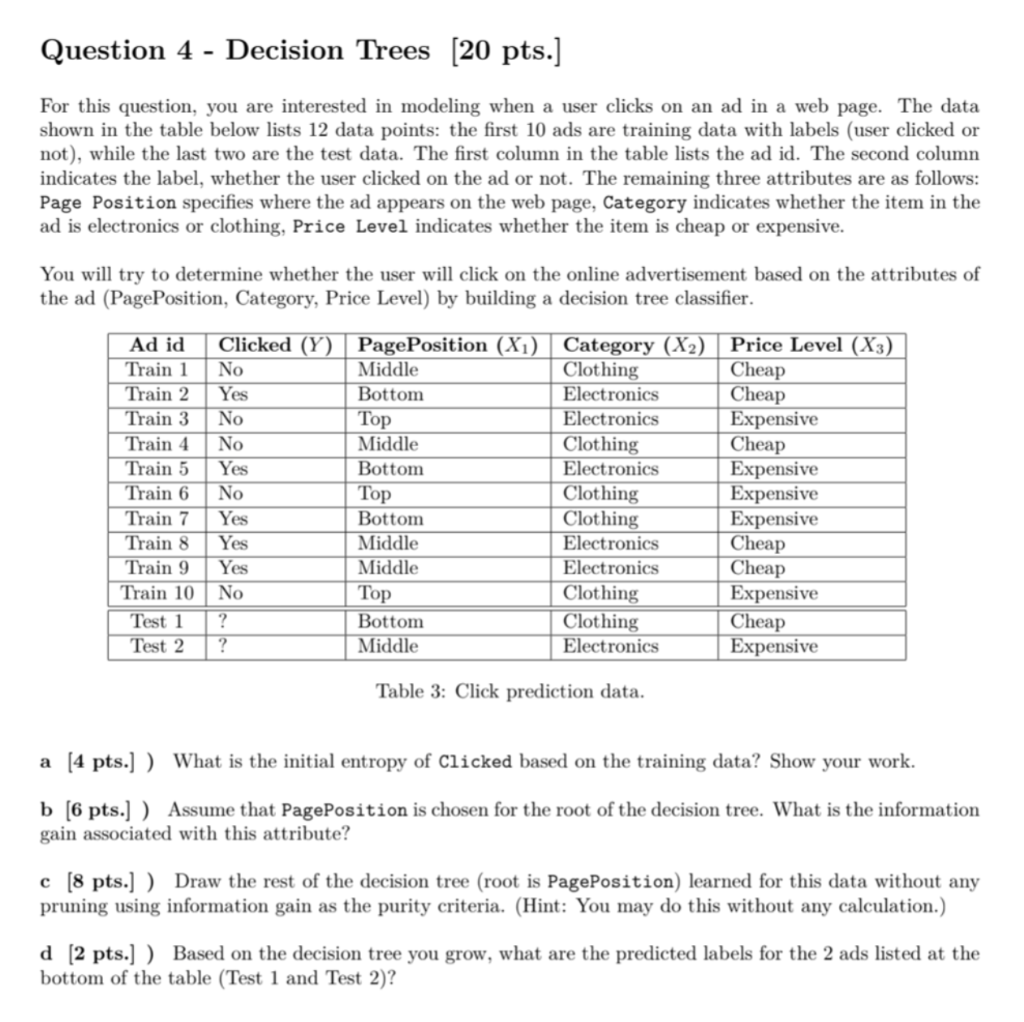 Solved Question 4 - Decision Trees [20 pts.] For this | Chegg.com