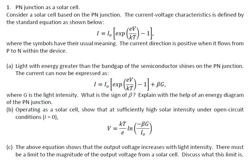 Solved 1. PN junction as a solar cell. Consider a solar cell | Chegg.com
