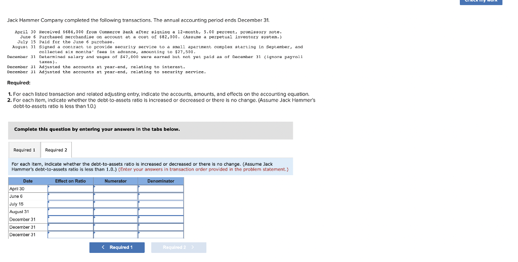 Solved Jack Hammer Company completed the following
