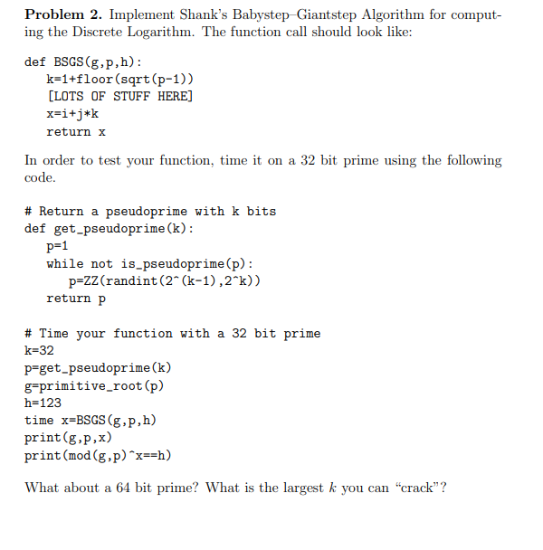 Problem 2. Implement Shank's Babystep-Giantstep | Chegg.com