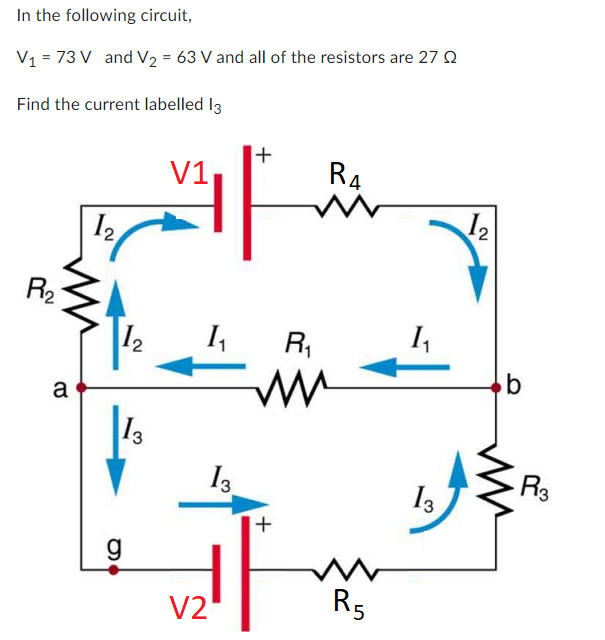 Solved In the following circuit, V1=73 V and V2=63 V and all | Chegg.com
