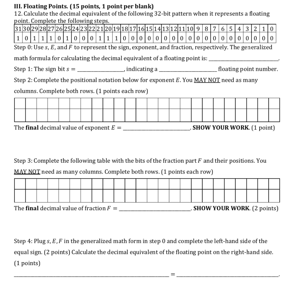 Floating Point Calculations Worksheet.pdf Solved III. Floating Points. (15 points, 1 point per blank) | Chegg.com