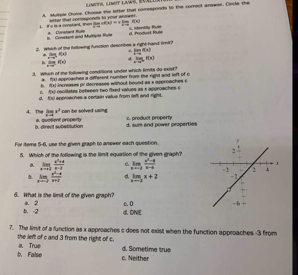 Solved LIMITS, LIMIT LAWS, EV A. Multiple Choice. Choose the | Chegg.com