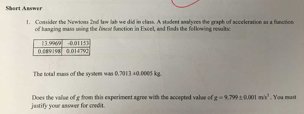 Solved Short Answer 1. Consider the Newtons 2nd law lab we | Chegg.com