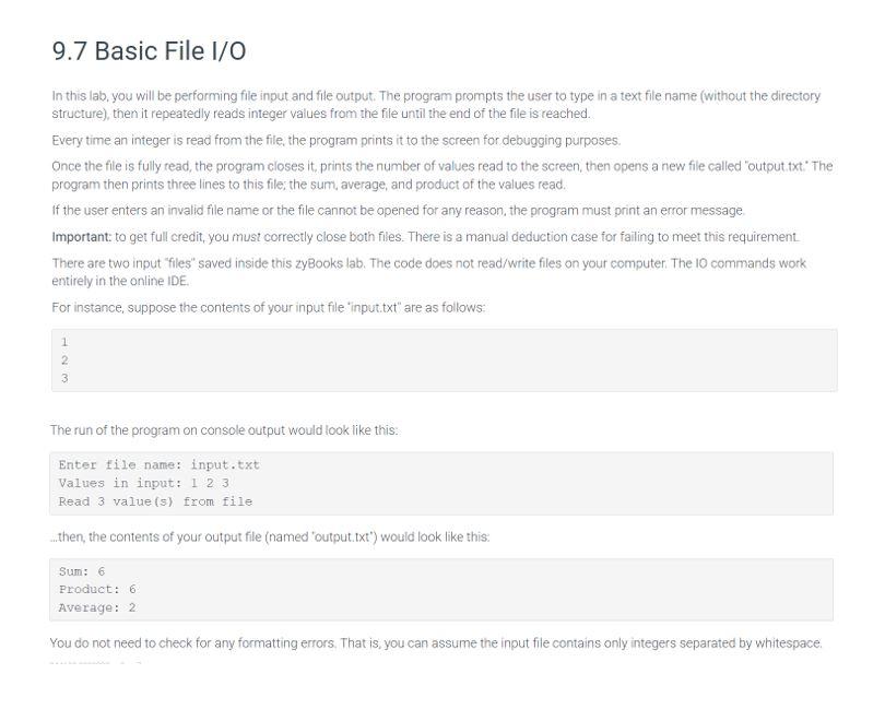 Solved 9.7 Basic File I/O In this lab, you will be | Chegg.com