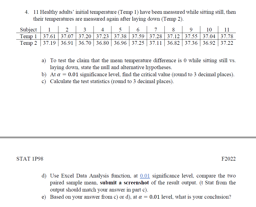Solved 4. 11 Healthy adults' initial temperature (Temp 1) | Chegg.com