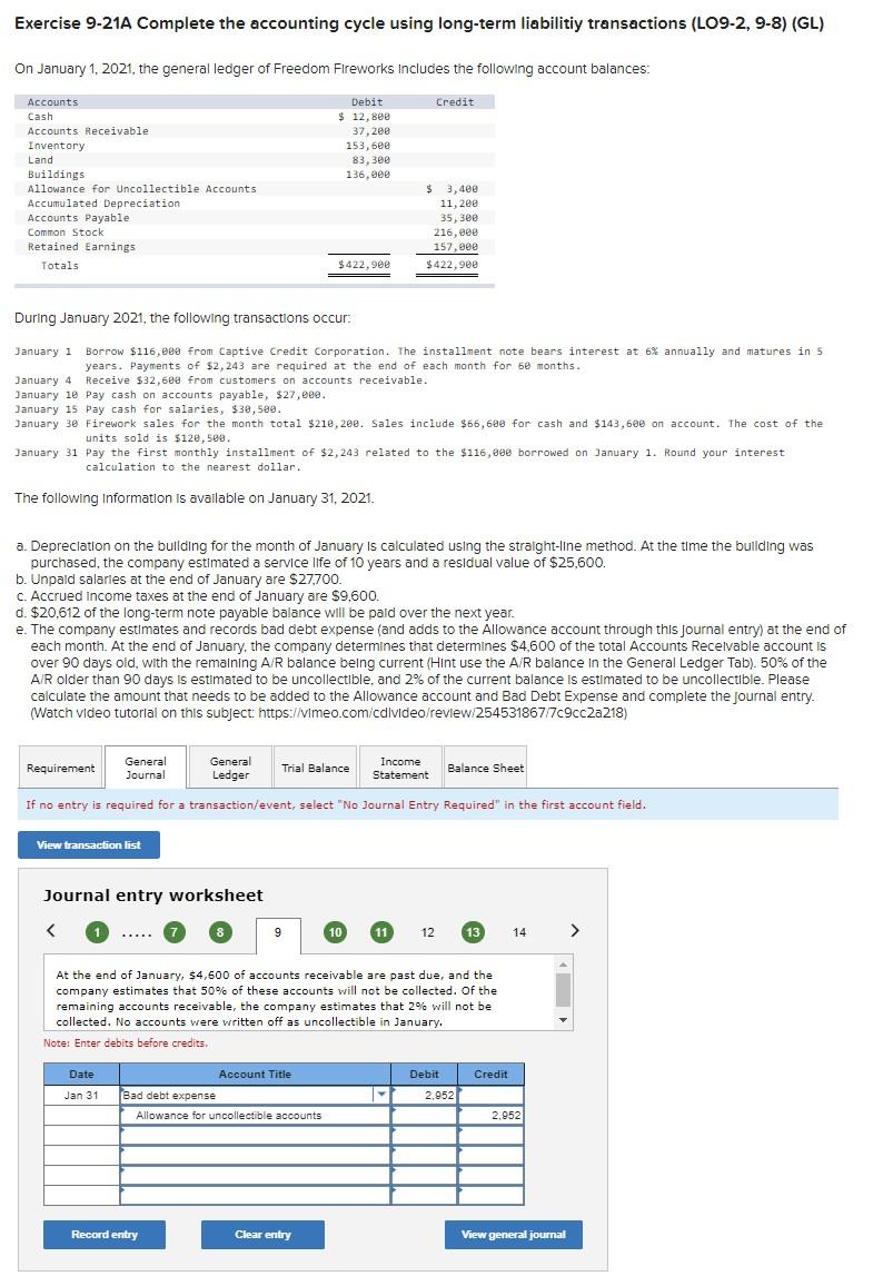 Solved Exercise 9-21A Complete the accounting cycle using | Chegg.com ...