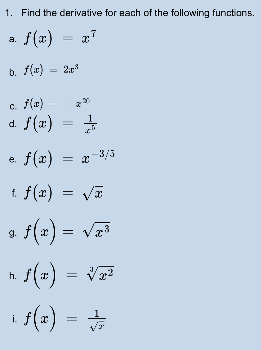 Solved 1. Find the derivative for each of the following | Chegg.com