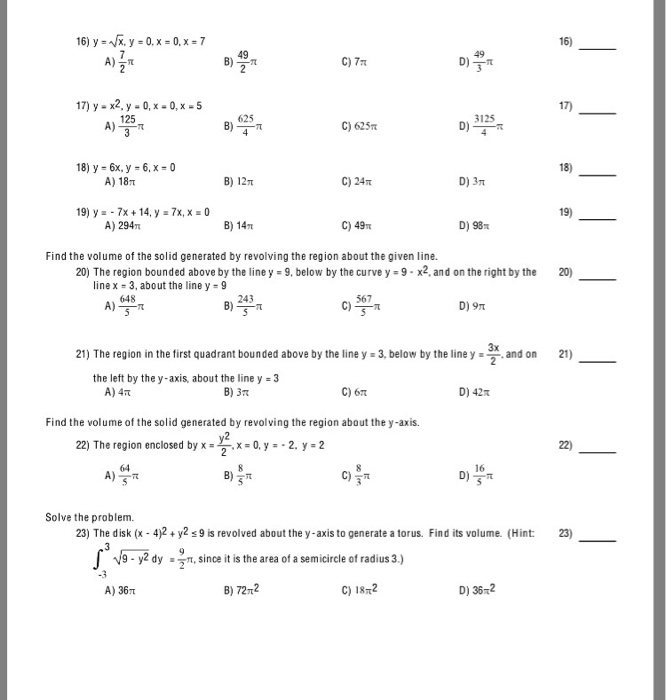 Solved y = Squareroot x, y = 0, x = 0, x = 7 7/2 pi 49/2 | Chegg.com