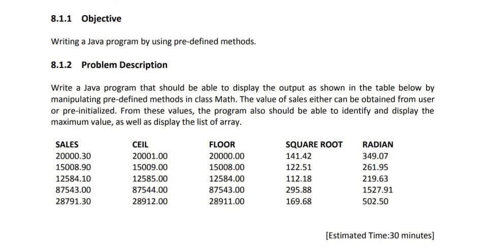Solved 8.1.1 Objective Writing a Java program by using | Chegg.com