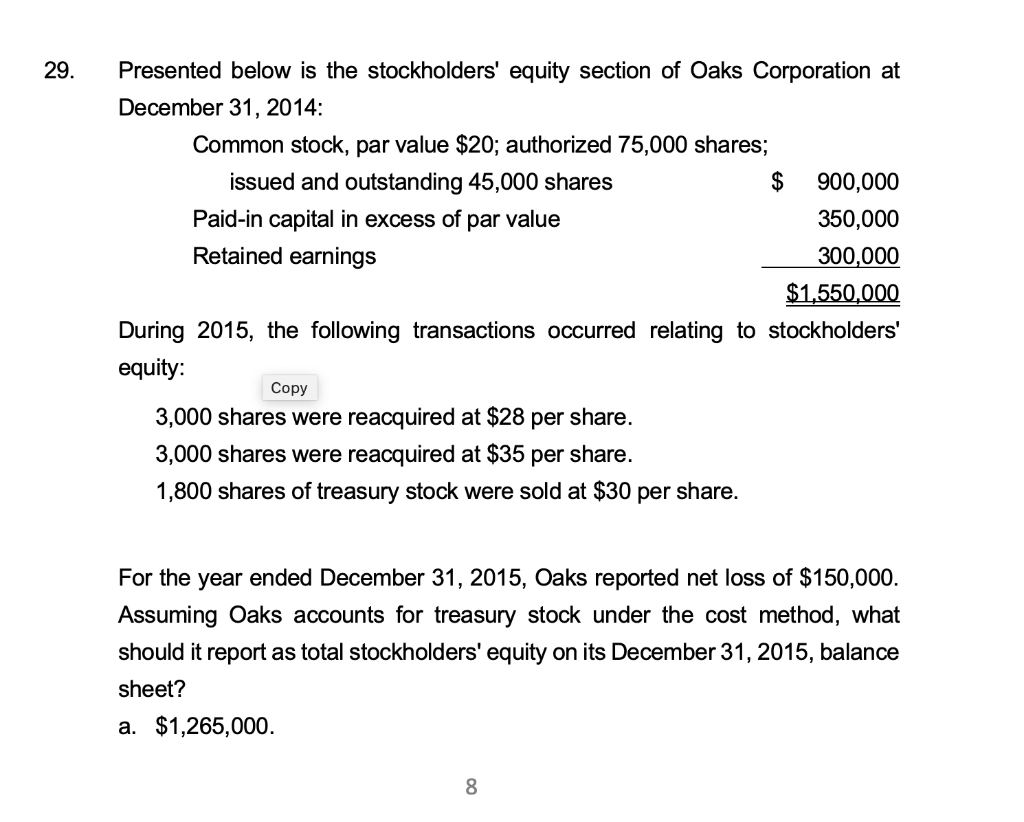 Solved Presented below is the stockholders' equity section | Chegg.com