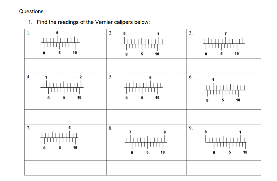 Solved Questions 1. Find the readings of the Vernier Chegg