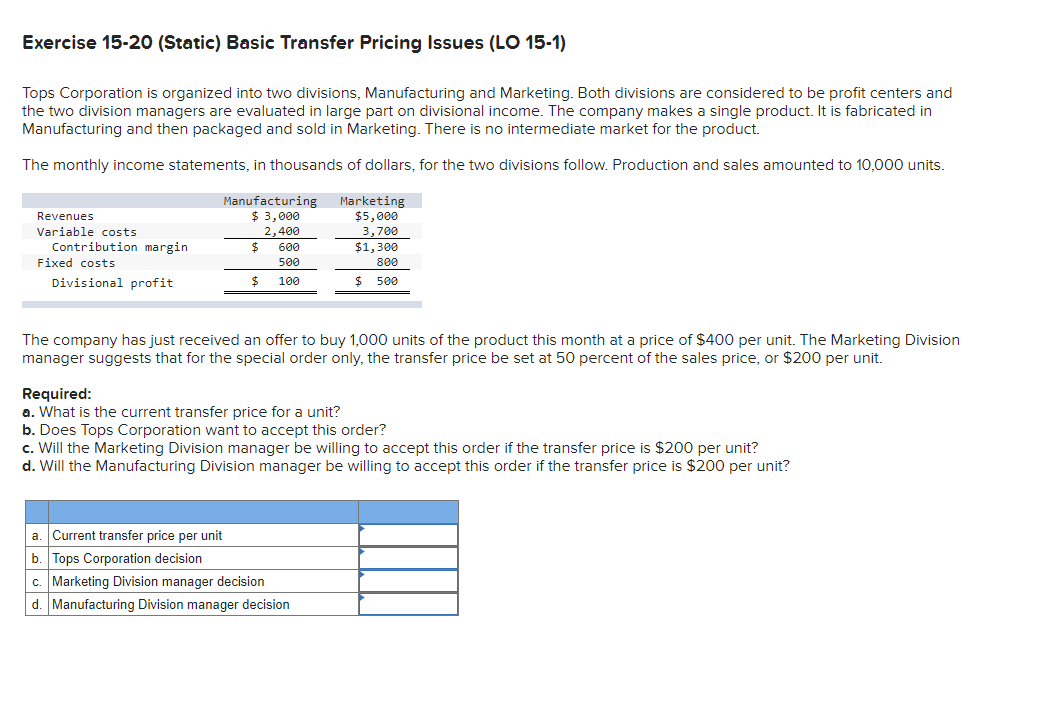 Solved Exercise 15-20 (Static) Basic Transfer Pricing Issues | Chegg.com