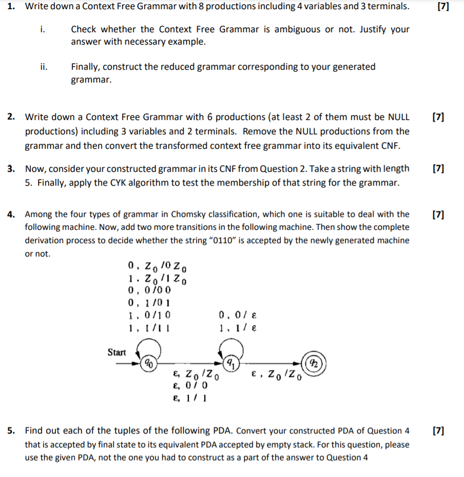 Solved 1. Write down a Context Free Grammar with 8 | Chegg.com