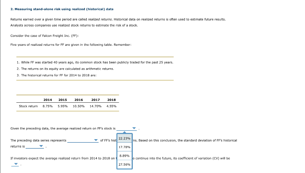 Solved 2. Measuring standalone risk using realized