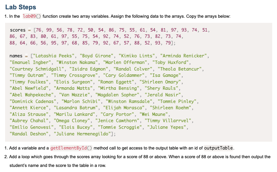 Solved Lab Steps 1. In the lab090) function create two array | Chegg.com
