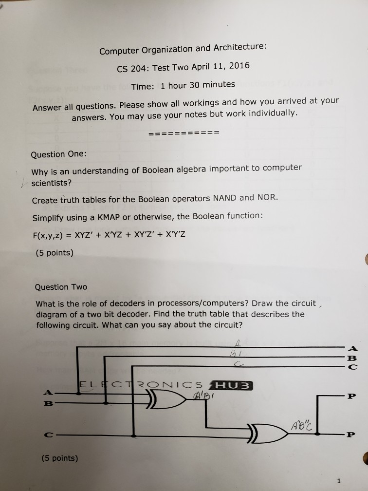 Solved Computer Organization And Architecture: CS 204: Test | Chegg.com