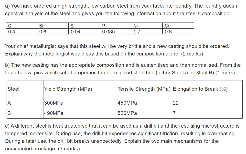 Solved a) You have ordered a high strength, low carbon steel | Chegg.com