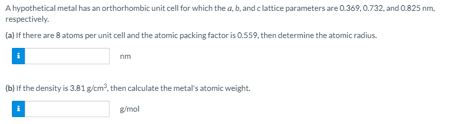Solved A hypothetical metal has an orthorhombic unit cell | Chegg.com