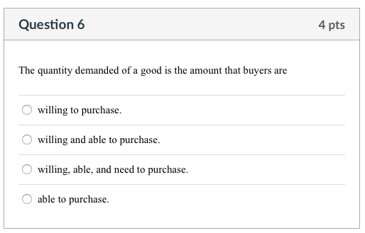 Solved Question 6 4 pts The quantity demanded of a good is | Chegg.com