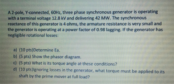 Solved A 2-pole, Y-connected, 60Hz, three phase synchronous | Chegg.com