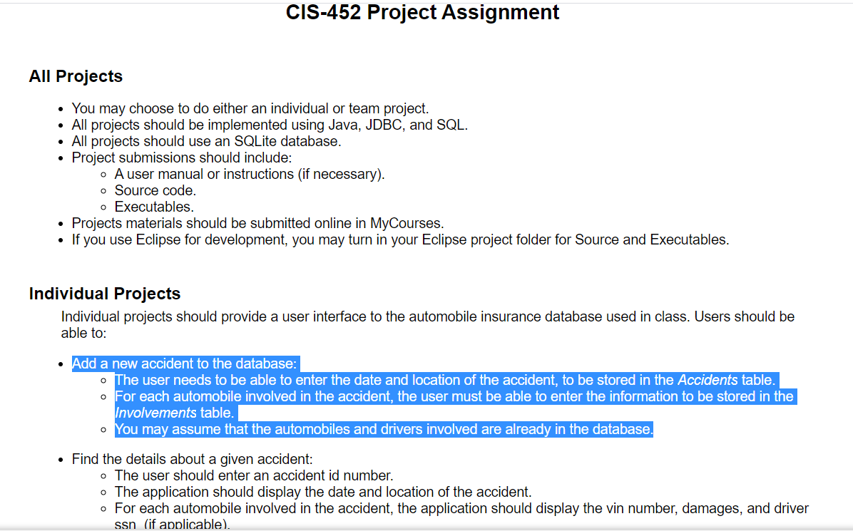 Cis-452 Project Assignment All Projects . • You May 