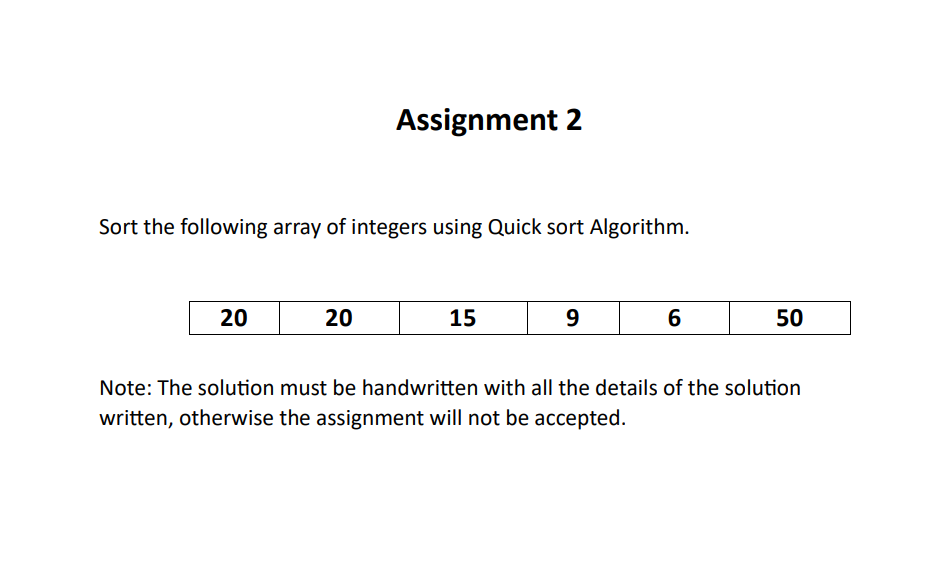 Sort The Following Array Of Integers Using Quick Sort | Chegg.com