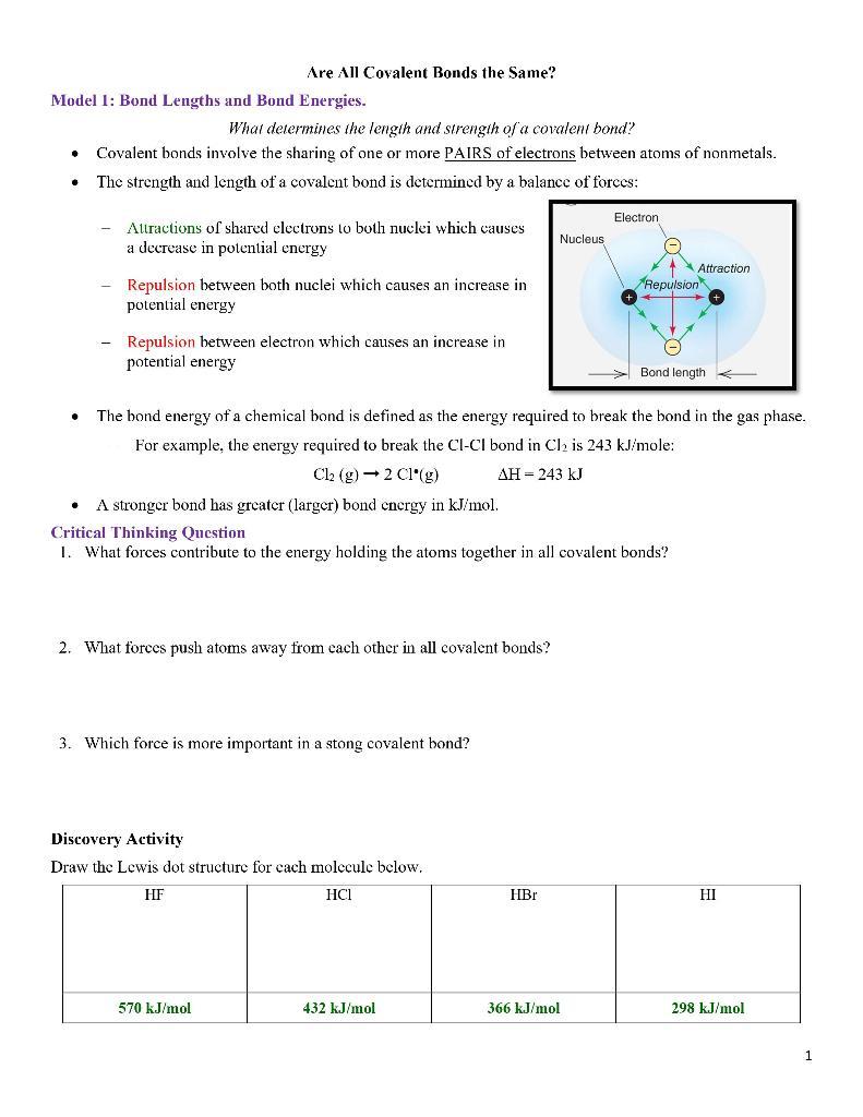 Solved Are All Covalent Bonds the Same! Model 1: Bond | Chegg.com