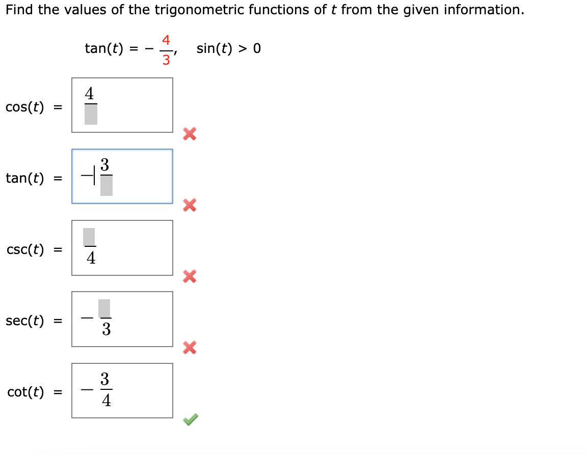 Find T Math Solved Find the values of the trigonometric functions of t | Chegg.com