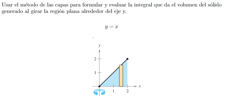 Usar el método de las capas para formular y evaluar la integral que da el volumen del sólido generado al girar la región plan