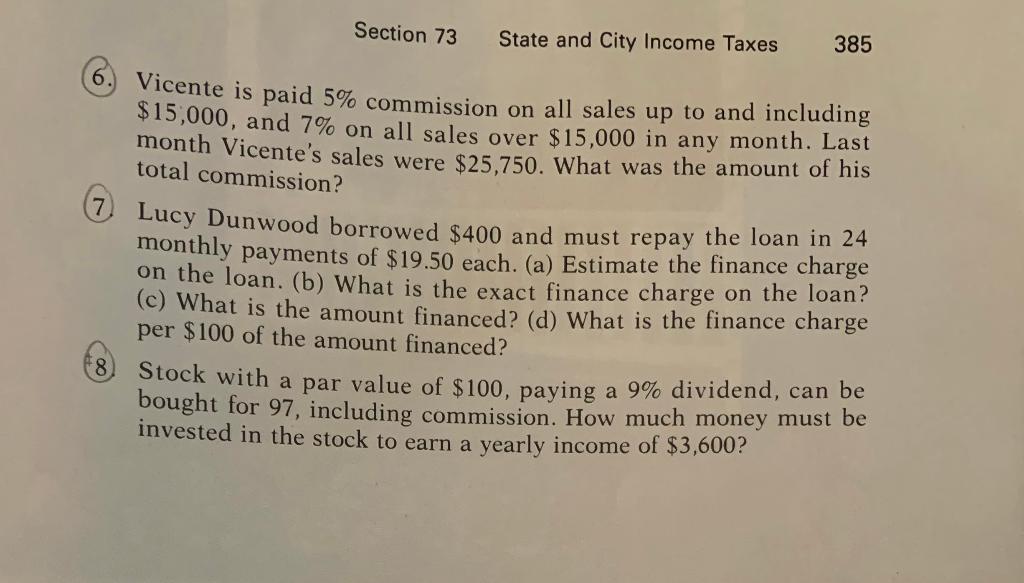 Solved Section 73 State and City Income Taxes 385 6. Vicente | Chegg.com
