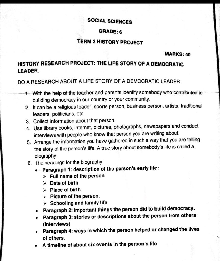 SOCIAL SCIENCES GRADE 6 TERM 3 HISTORY PROJECT Chegg