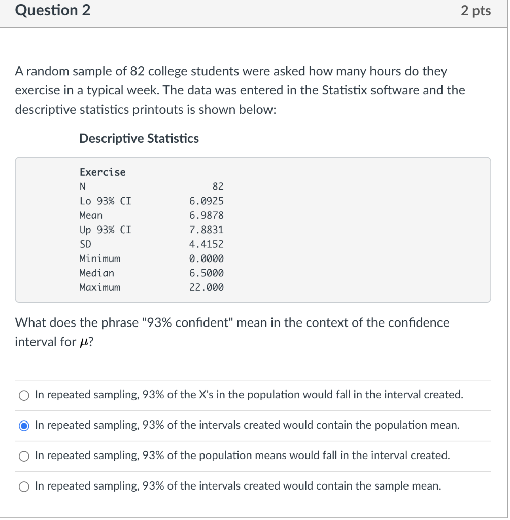 Solved Question 2 2 pts A random sample of 82 college | Chegg.com
