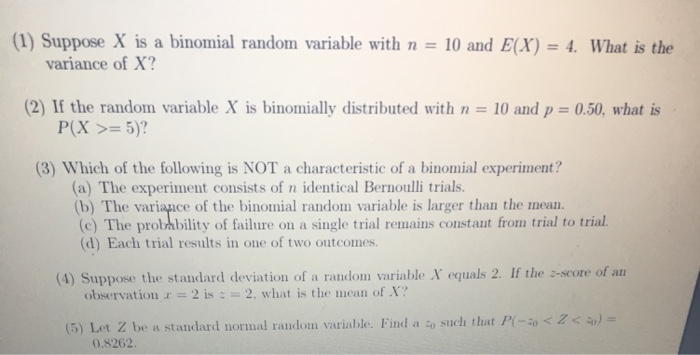 Solved (1) Suppose X is a binomial random variable with n 10 | Chegg.com