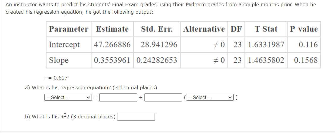 Solved An instructor wants to predict his students' Final | Chegg.com
