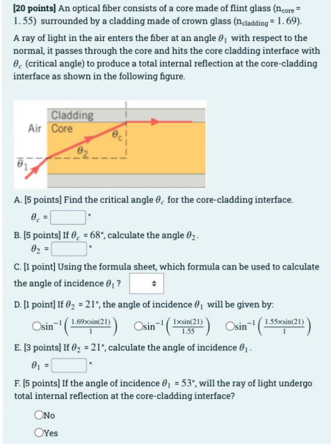 Solved [20 points) An optical fiber consists of a core made | Chegg.com