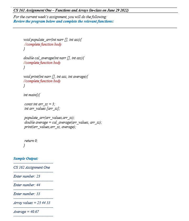 Solved CS 161 Assignment One-Functions and Arrays (in-class | Chegg.com