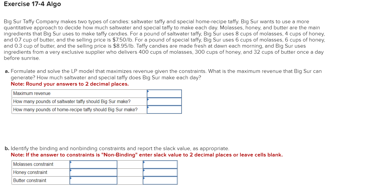 Solved Big Sur Taffy Company makes two types of candies