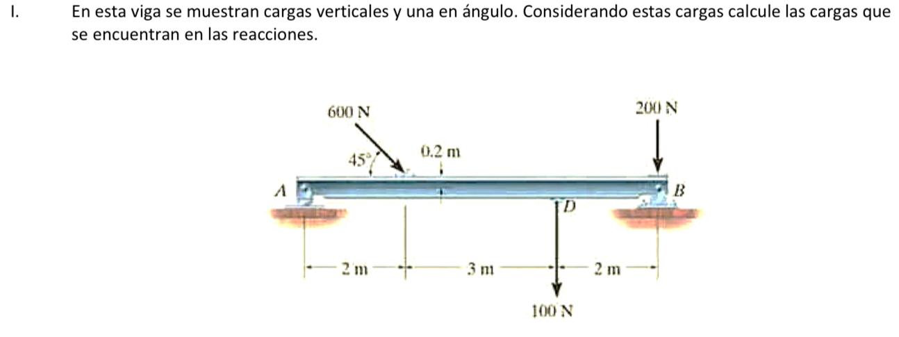 En esta viga se muestran cargas verticales y una en ángulo. Considerando estas cargas calcule las cargas que se encuentran en