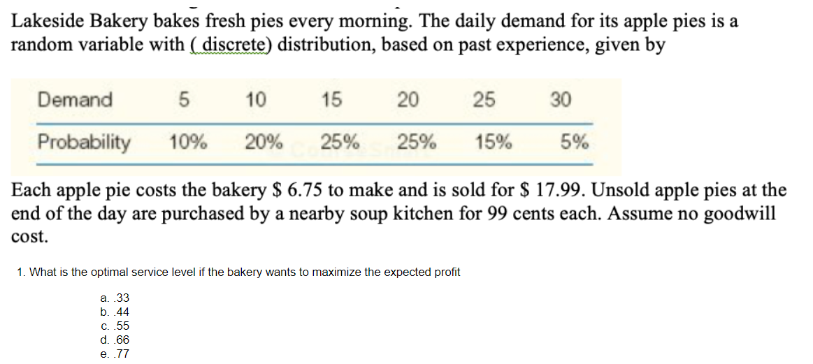 Solved Lakeside Bakery bakes fresh pies every morning. The