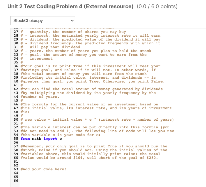Unit 2 Test Coding Problem 4 (External resource) (0.0 | Chegg.com