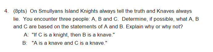 Solved 4.(8pts) On Smullyans Island Knights Always Tell The | Chegg.com