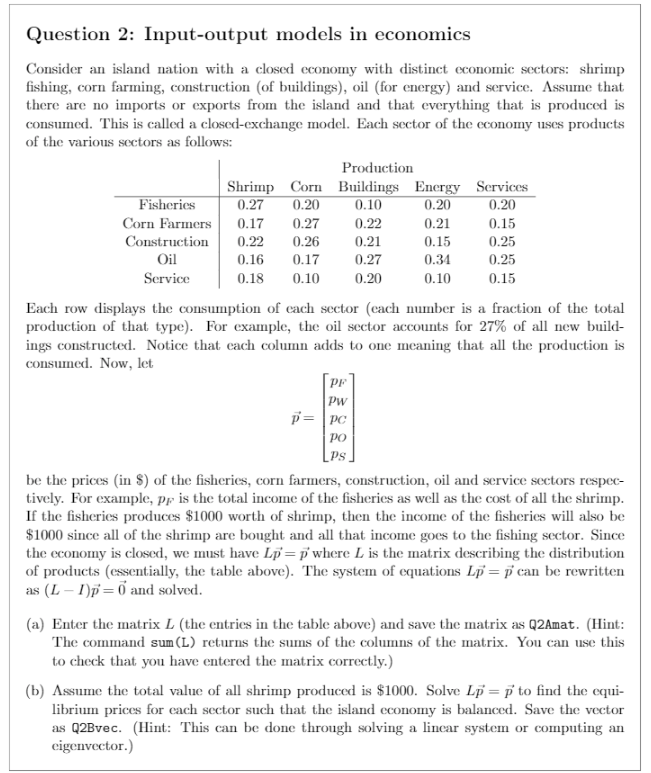 0.27 Question 2: Input-output models in economics | Chegg.com