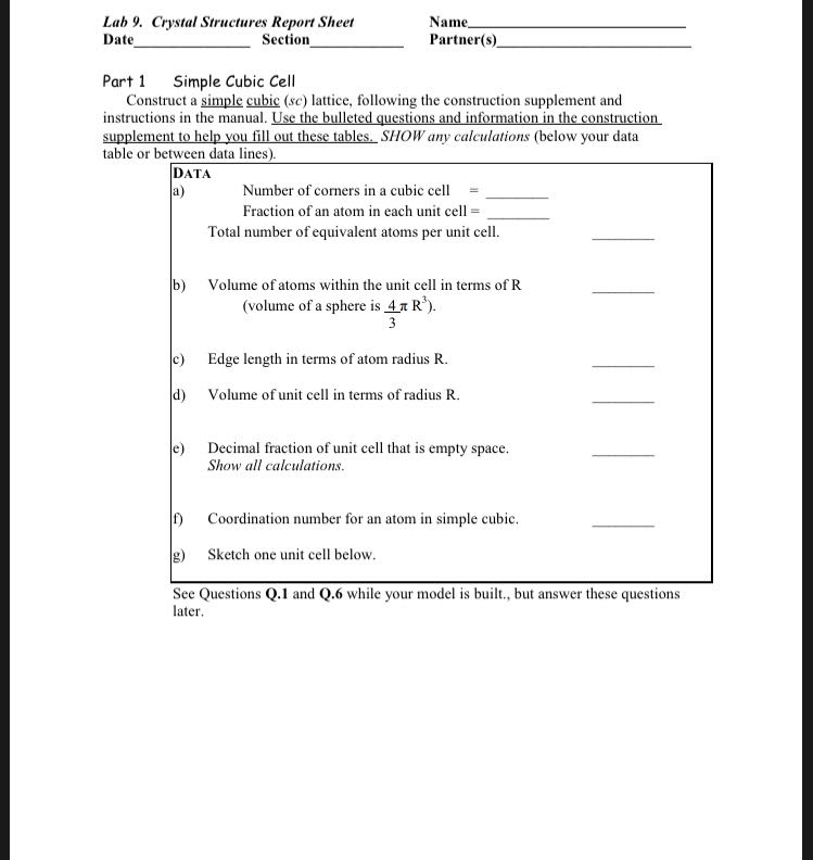 Solved Lab 9. Crystal Structures Report Sheet Date Name | Chegg.com