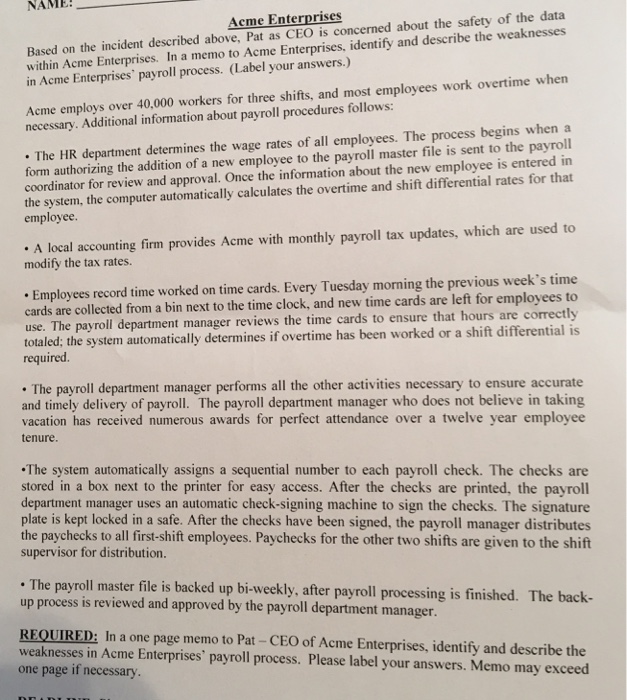 Solved NAME Acme Enterprises within Acme Enterprises. In a