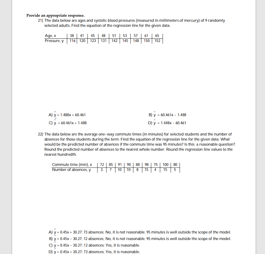 Solved rovide an appropriate response. 21) The data below | Chegg.com